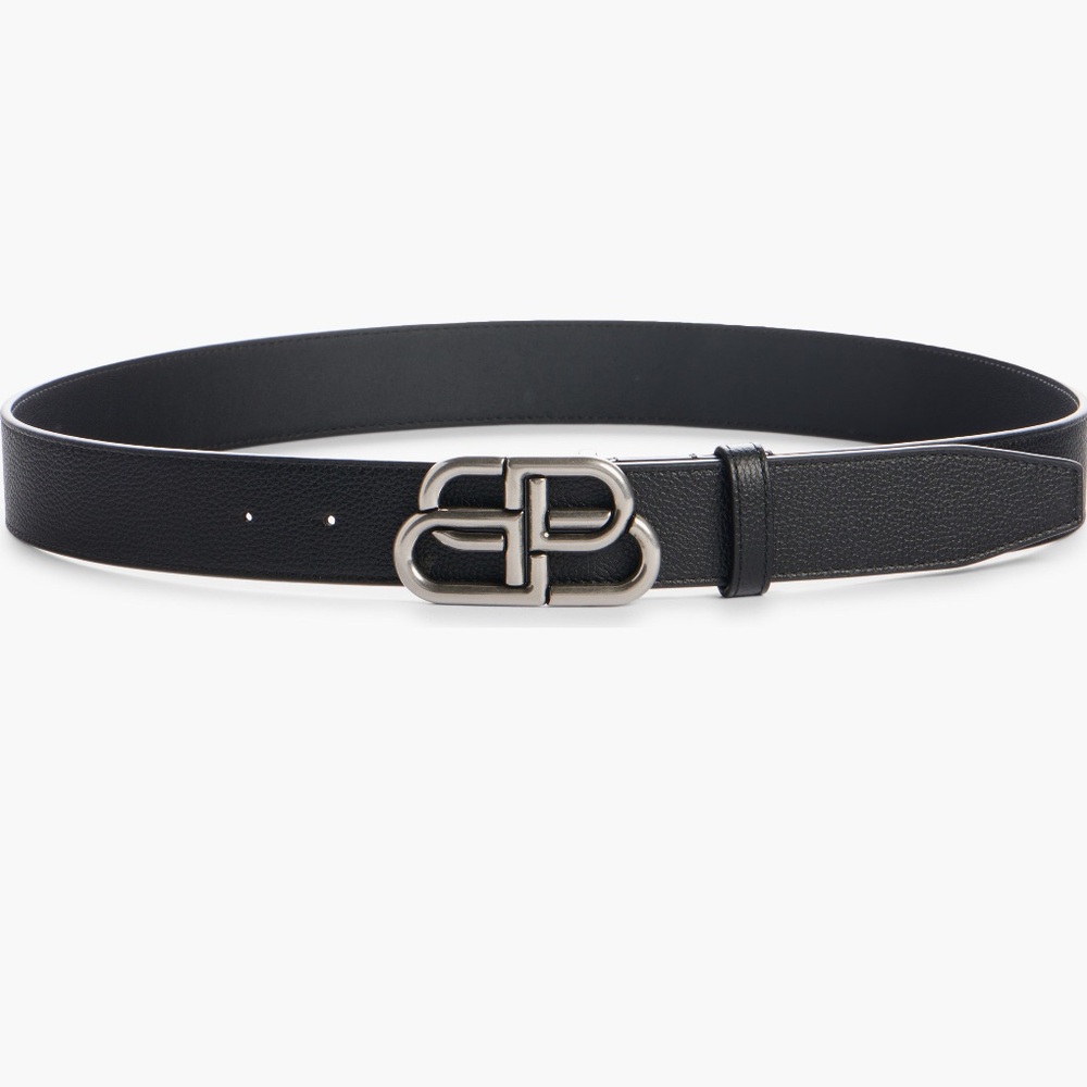 Balenciaga BB Logo Black Leather Belt silver buckle - Picture 2 of 8